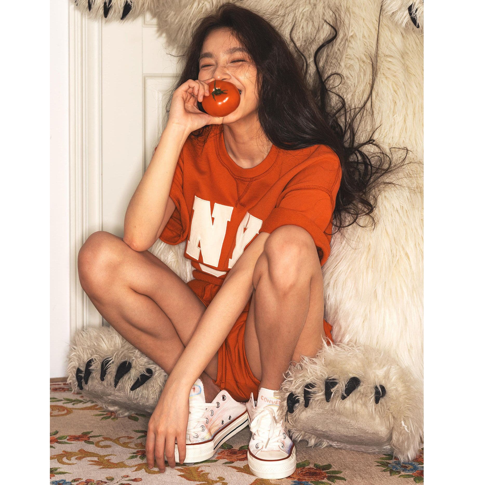 원본 원단 순면 후드티 항구 바람 패치 자수 알파벳 루즈핏 반팔 운동 반바지 세트 티셔츠 여성 여름 상세 이미지 5
