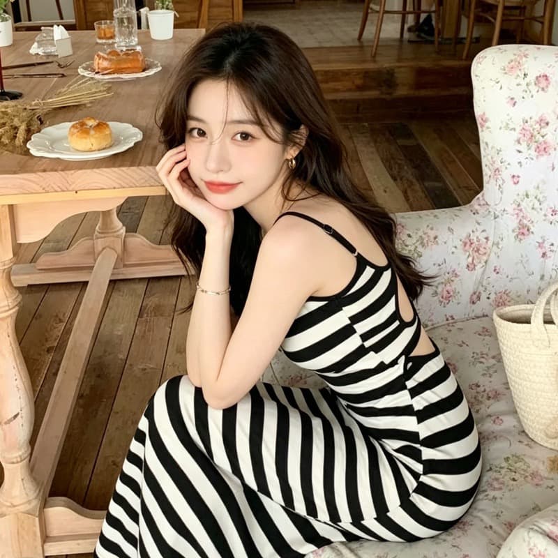 배색 스트라이프 작은 심장 기계 섹시함 슬립 드레스 대 백리스 하이웨이스트 품격 수리 뒤에 트임 이미지 5