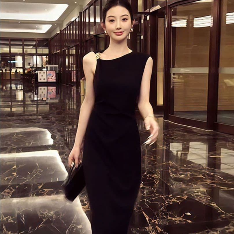 드레스 여름 패션 품격 새로운 프랑스식 착용 가져 가라. 작은 대중 순수한 블랙 비스듬한 칼라 버튼 디자인 중간 길이 스커트 2026 이미지 2