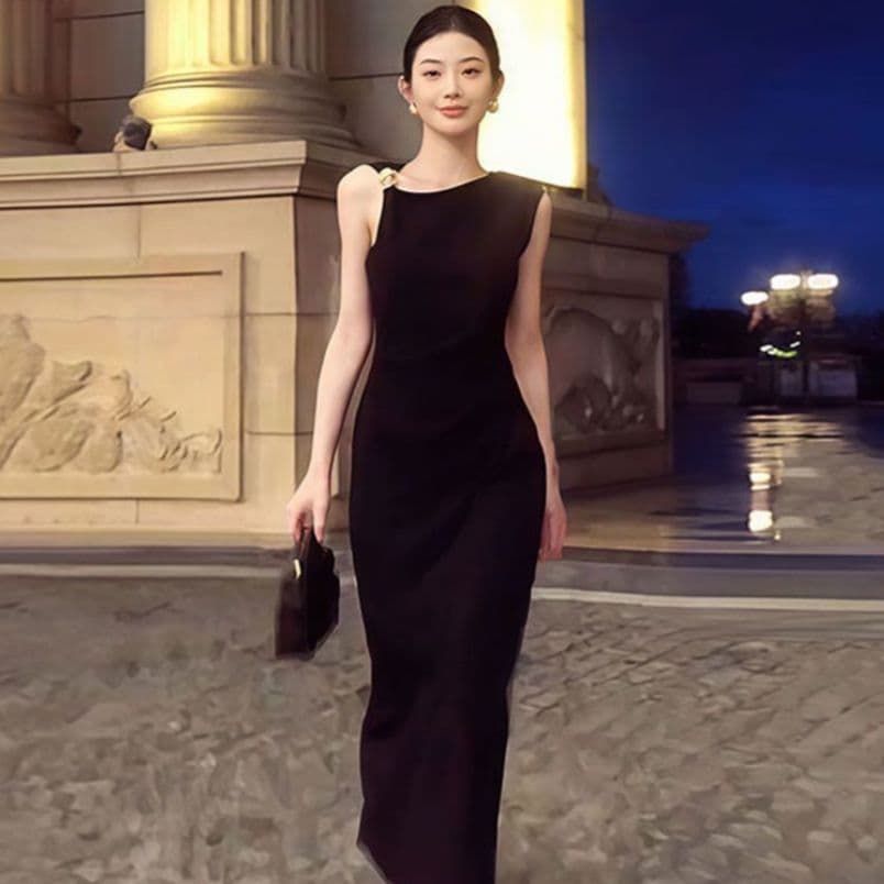드레스 여름 패션 품격 새로운 프랑스식 착용 가져 가라. 작은 대중 순수한 블랙 비스듬한 칼라 버튼 디자인 중간 길이 스커트 2026 상세 이미지 3