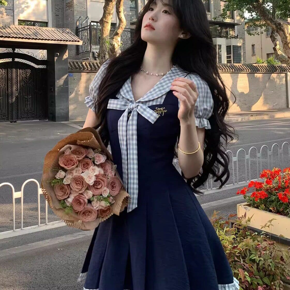 프랑스식 패션 품격 체크무늬 패치워크 페이크 레이어드 드레스 여자 학생 여름 새로운 허리 수축 슬림해 보이는 짧은 치마