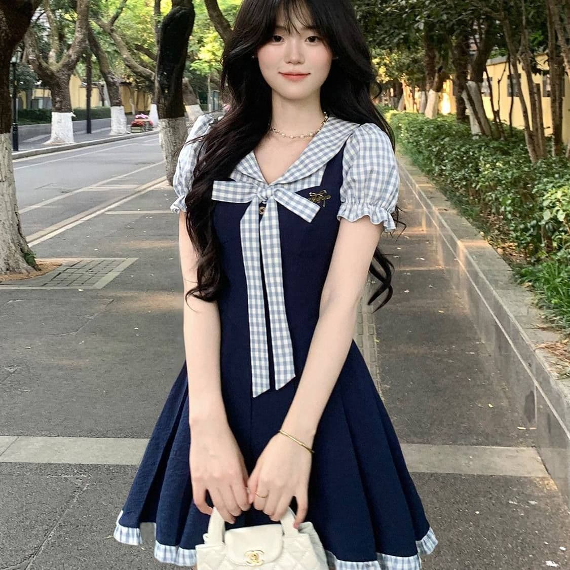 프랑스식 패션 품격 체크무늬 패치워크 페이크 레이어드 드레스 여자 학생 여름 새로운 허리 수축 슬림해 보이는 짧은 치마 이미지 3