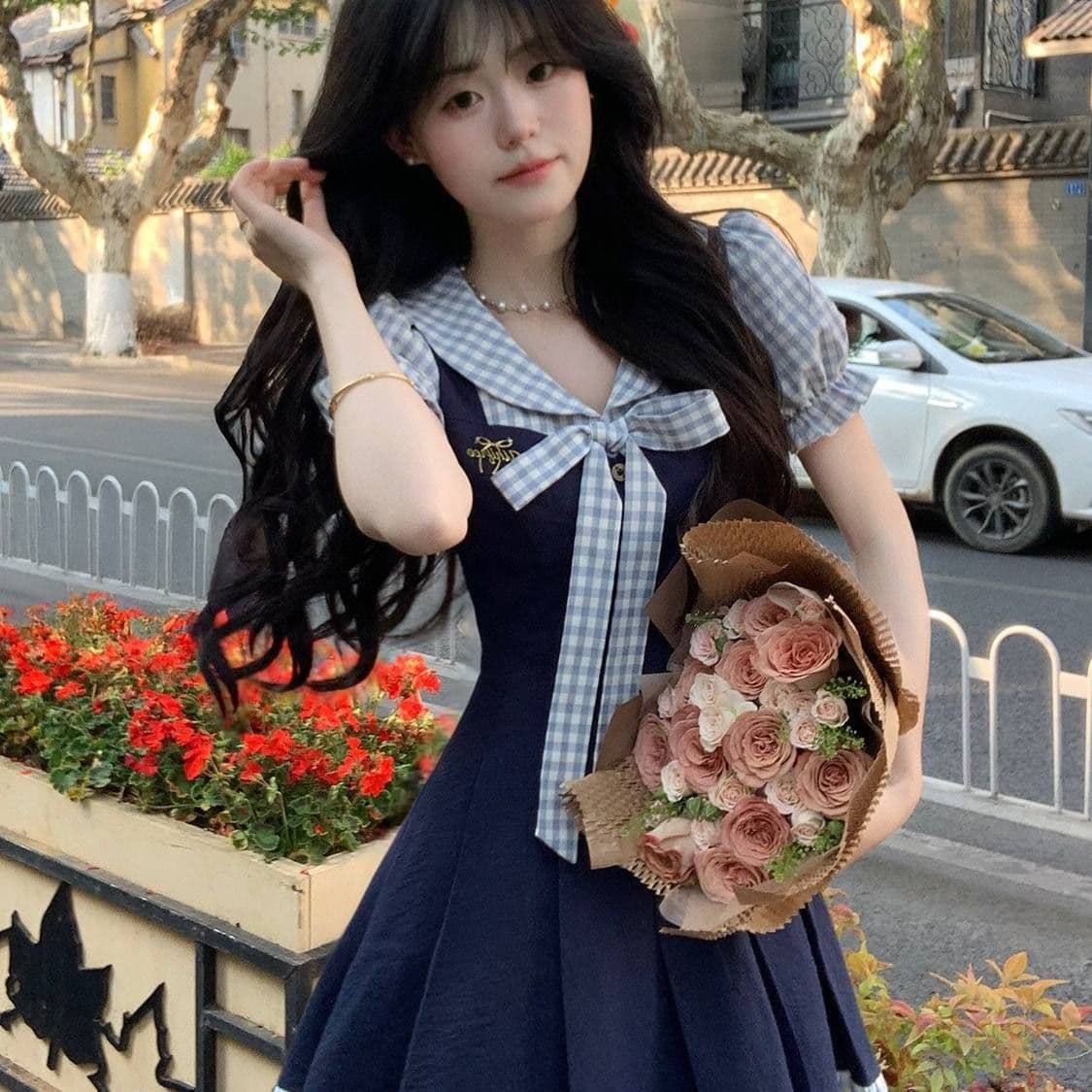 프랑스식 패션 품격 체크무늬 패치워크 페이크 레이어드 드레스 여자 학생 여름 새로운 허리 수축 슬림해 보이는 짧은 치마 상세 이미지 4