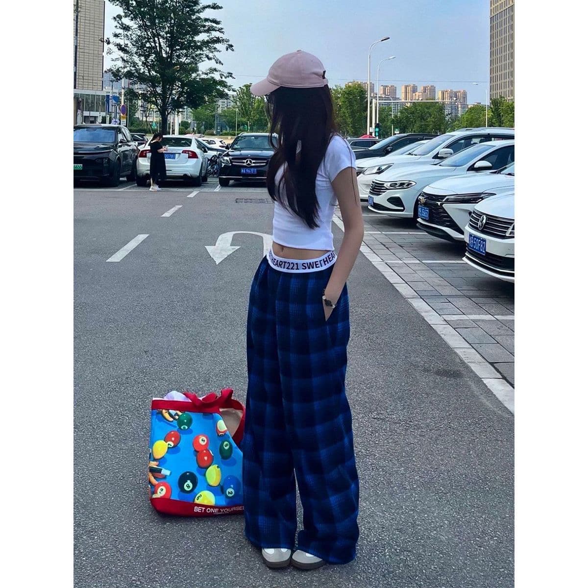 아메리칸 레트로 허리 머리 패치워크 파란색 체크무늬 바지 남녀 새로운 체크무늬 루즈핏 다용도 슬림해 보이는 스트레이트 긴 바지 트렌디 이미지 4