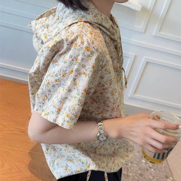 한국 동대문 여성 의류 여름 달콤함 작은 청신 꽃무늬 펌프 로프 레이스업 얇은 스타일 후드 풀오버 반팔 작은 셔츠 이미지 2