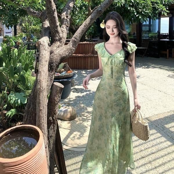 프랑스식 녹색 작은 날다 소매 꽃무늬 드레스 아이들 여름 상세 이미지 1