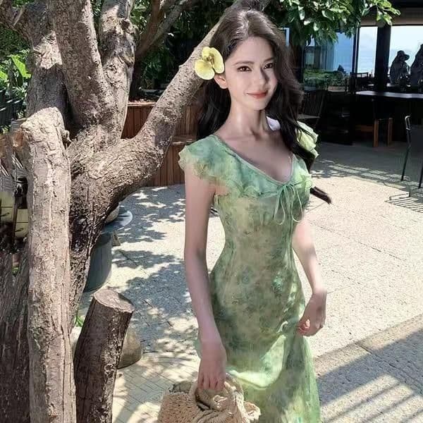 프랑스식 녹색 작은 날다 소매 꽃무늬 드레스 아이들 여름 상세 이미지 3