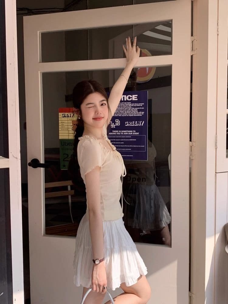 경관 그림 정가 디자인 센스 프릴 레이스업 반팔 티셔츠 여성 여름 순수한 욕망 바람 몸매 가꾸기 슬림해 보이는 쇼트 스타일 맨위 상세 이미지 11
