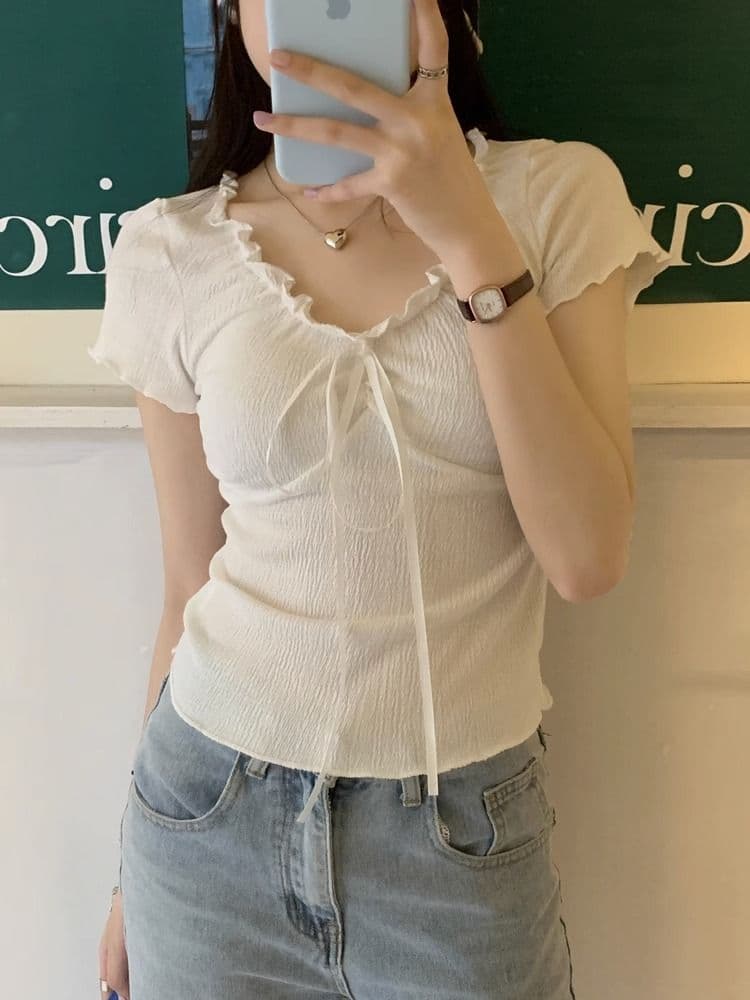 경관 그림 정가 디자인 센스 프릴 레이스업 반팔 티셔츠 여성 여름 순수한 욕망 바람 몸매 가꾸기 슬림해 보이는 쇼트 스타일 맨위 상세 이미지 18