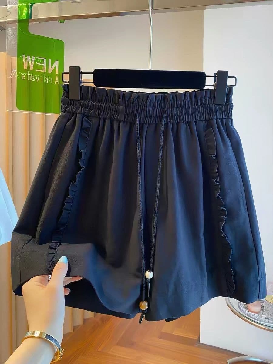 원본 원단 특별 빅 사이즈 300 근 프릴 캐주얼 넓은 다리가 짧다. 바지 여성 여름 섹션 밴딩 높은 허리 바지 이미지 2