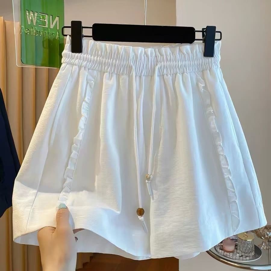 원본 원단 특별 빅 사이즈 300 근 프릴 캐주얼 넓은 다리가 짧다. 바지 여성 여름 섹션 밴딩 높은 허리 바지 이미지 5