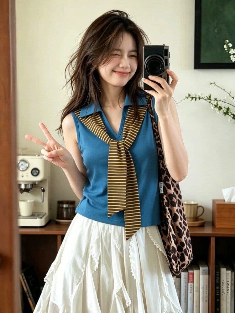 260 그램 사람들 면 모달 스트라이프 스트랩 패치워크 민소매 캐미솔 몸매 가꾸기 맨위