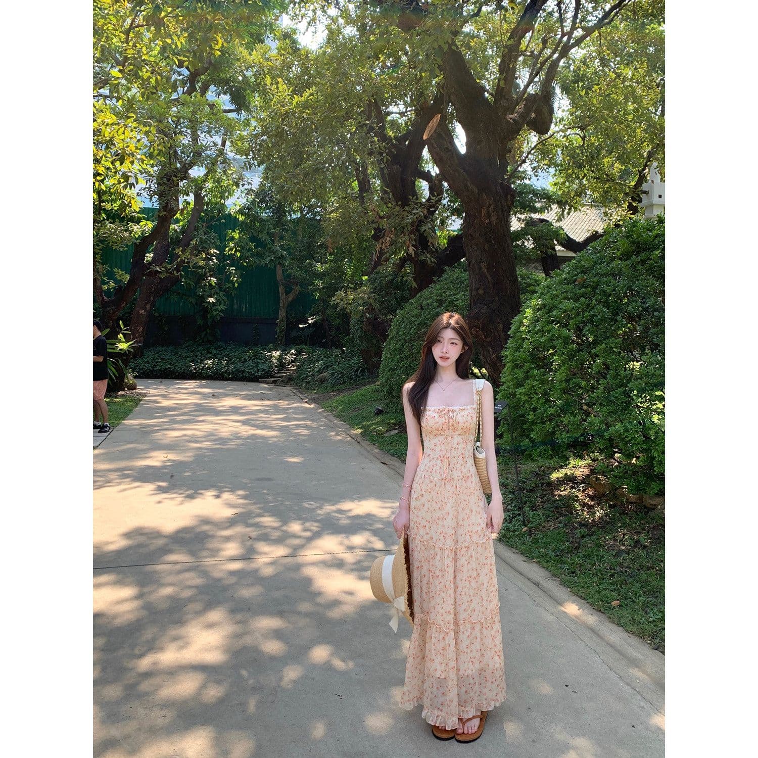 순수한 욕망 바람 달콤함 롱 스커트 봄 여름 허리 수축 슬림해 보이는 작은 대중 디자인 센스 레이스 조각 꽃무늬 슬립 여성 드레스 이미지 3