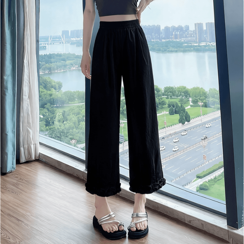 3 차원 허리 프릴 와이드 레깅스 바지 여름 얇은 스타일 루즈핏 슬림해 보이는 자외선 차단 얼음 실크 9 포인트 꽃밭 스트레이트 팬츠 이미지 3