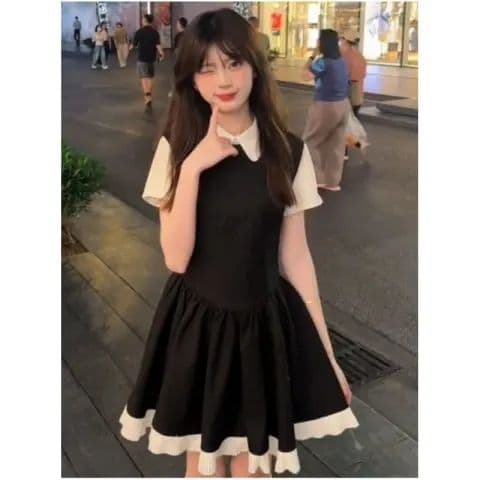 여름 베이비 칼라 드레스 여자 레트로 학원 스타일 페이크 레이어드 작은 키 착용 가져 가라. 레이스 조각 작은 검은 드레스