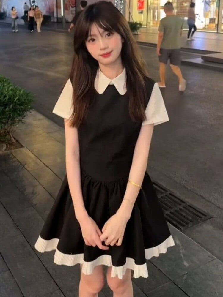 여름 베이비 칼라 드레스 여자 레트로 학원 스타일 페이크 레이어드 작은 키 착용 가져 가라. 레이스 조각 작은 검은 드레스 상세 이미지 2