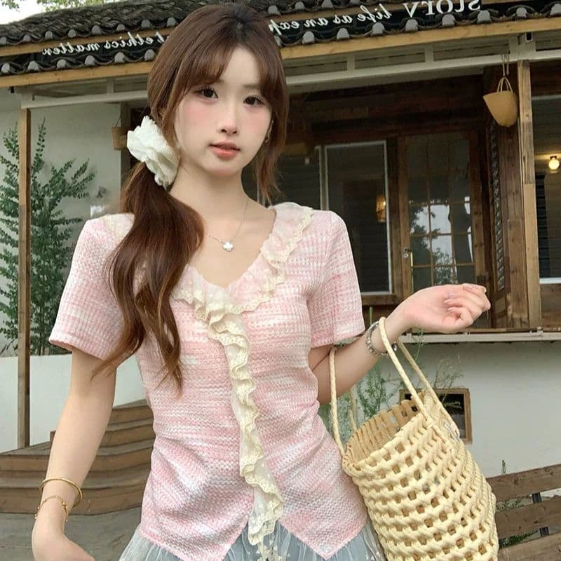 빅 사이즈 여성 의류 여름 새로운 지방 mm 고급 센스 패치워크 레이스 레이스 Chic 작은 셔츠 슬림해 보이는 맨위