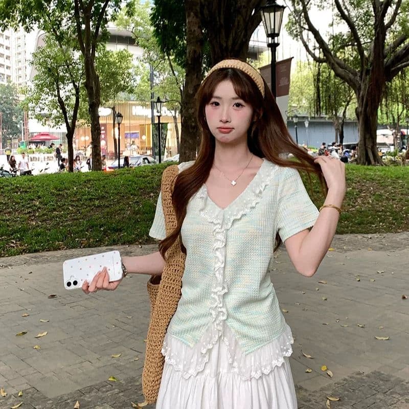 빅 사이즈 여성 의류 여름 새로운 지방 mm 고급 센스 패치워크 레이스 레이스 Chic 작은 셔츠 슬림해 보이는 맨위 이미지 2