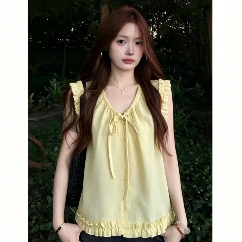 펌프 로프 조정 레이스업 프릴 주름 민소매 여성 셔츠 여름 프랑스식 달콤함 루즈핏 슬림해 보이는 인형 셔츠 맨위 이미지 2