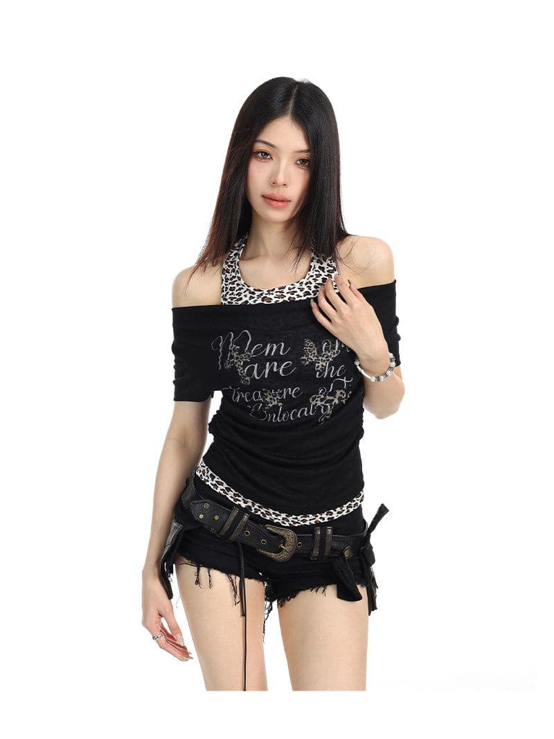 페이크 레이어드 원단 대나무 마디 리브 여름 페이크 레이어드 반팔 티셔츠 여성 슬림해 보이는 맨위 트렌디 프린트 행침 목 이미지 2