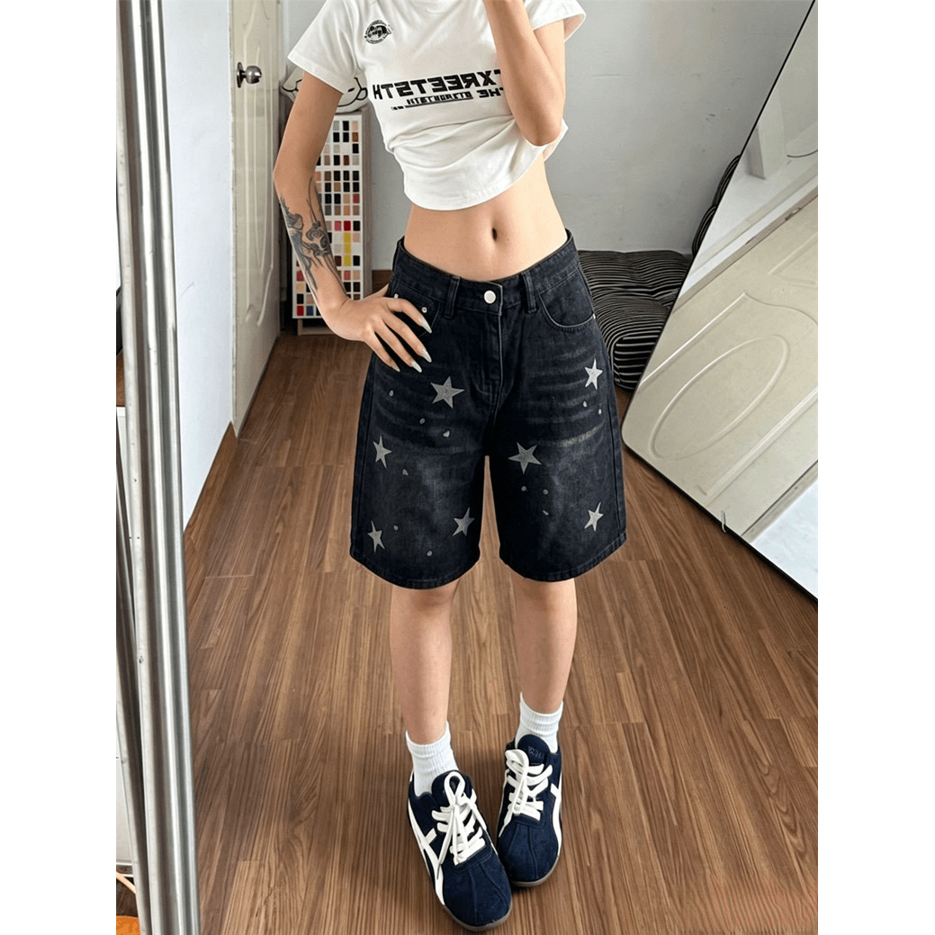아메리칸 레트로 워싱 마 오래된 별 데님 5 점 반바지 여성 거리 스트레이트 루즈핏 슬림해 보이는 넓은 이미지 5