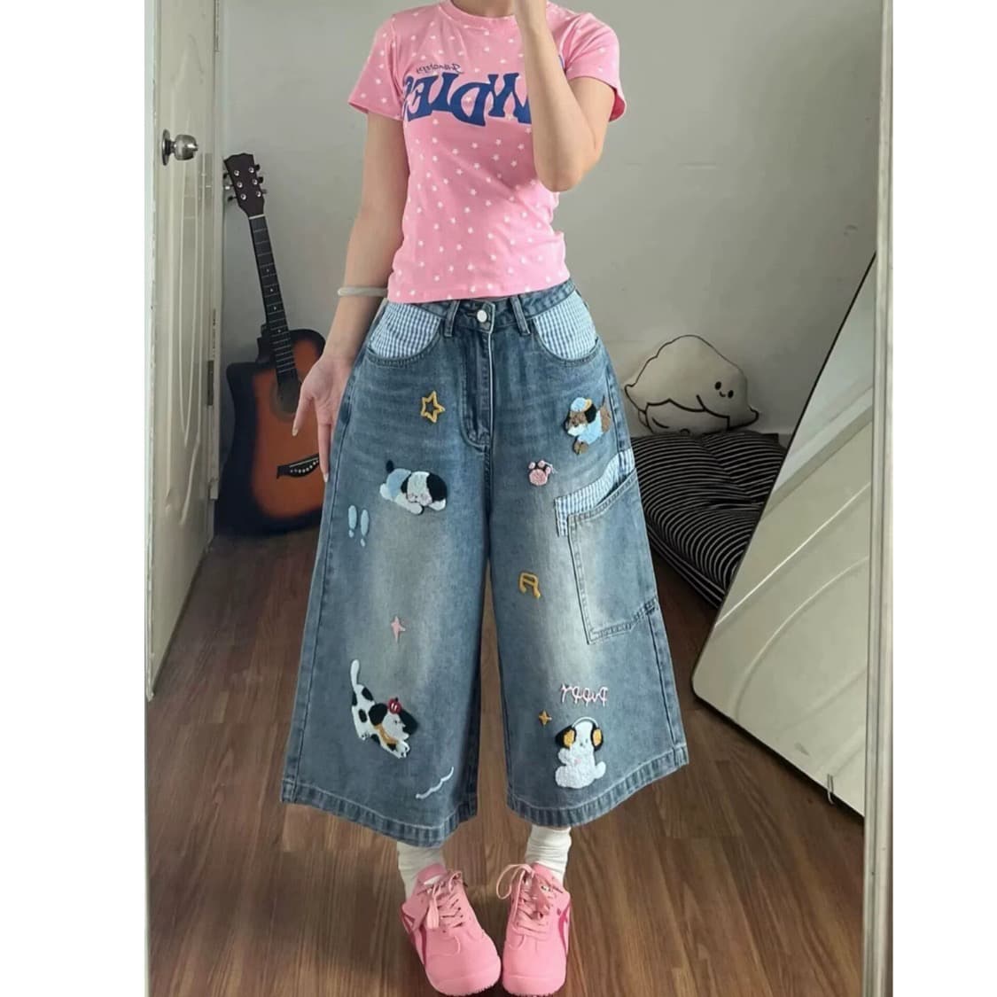 여름 만화 캐주얼 7부 바지 워싱 마 오래된 청바지 아메리칸 레트로 커플 남녀 반바지 이미지 2