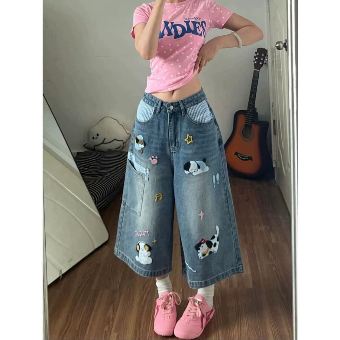 여름 만화 캐주얼 7부 바지 워싱 마 오래된 청바지 아메리칸 레트로 커플 남녀 반바지 이미지 3