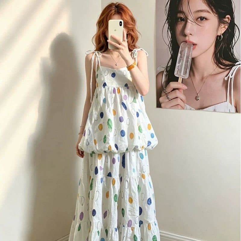 원본 것 프랑스식 무거운 작업 색상 도트 무늬 어린애 같은 질감 센스 꽃밭 맨위 대 치마 하프 상세 이미지 2