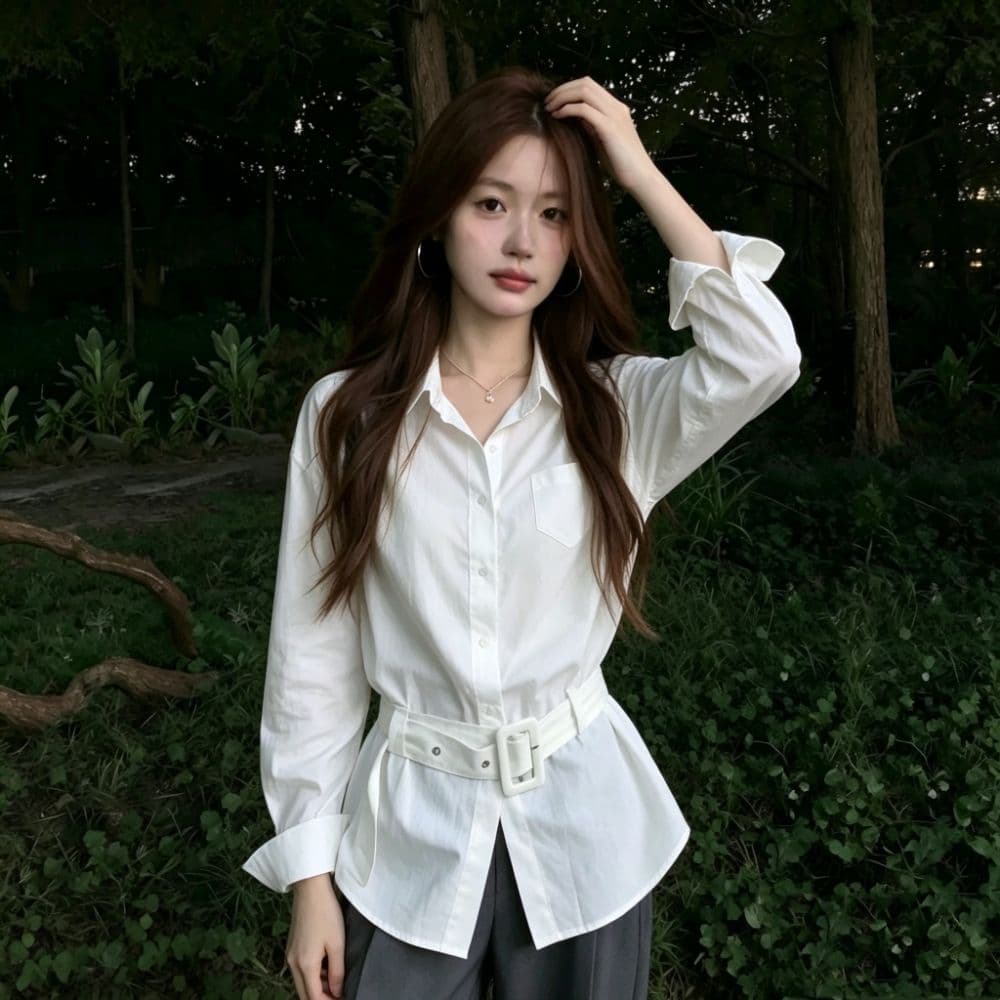 화이트 긴팔 여성 셔츠 이른 가을 한 부서 벨트 허리 수축 슬림해 보이는 폴로 칼라 싱글 주머니 출퇴근 품격 셔츠 맨위 이미지 3