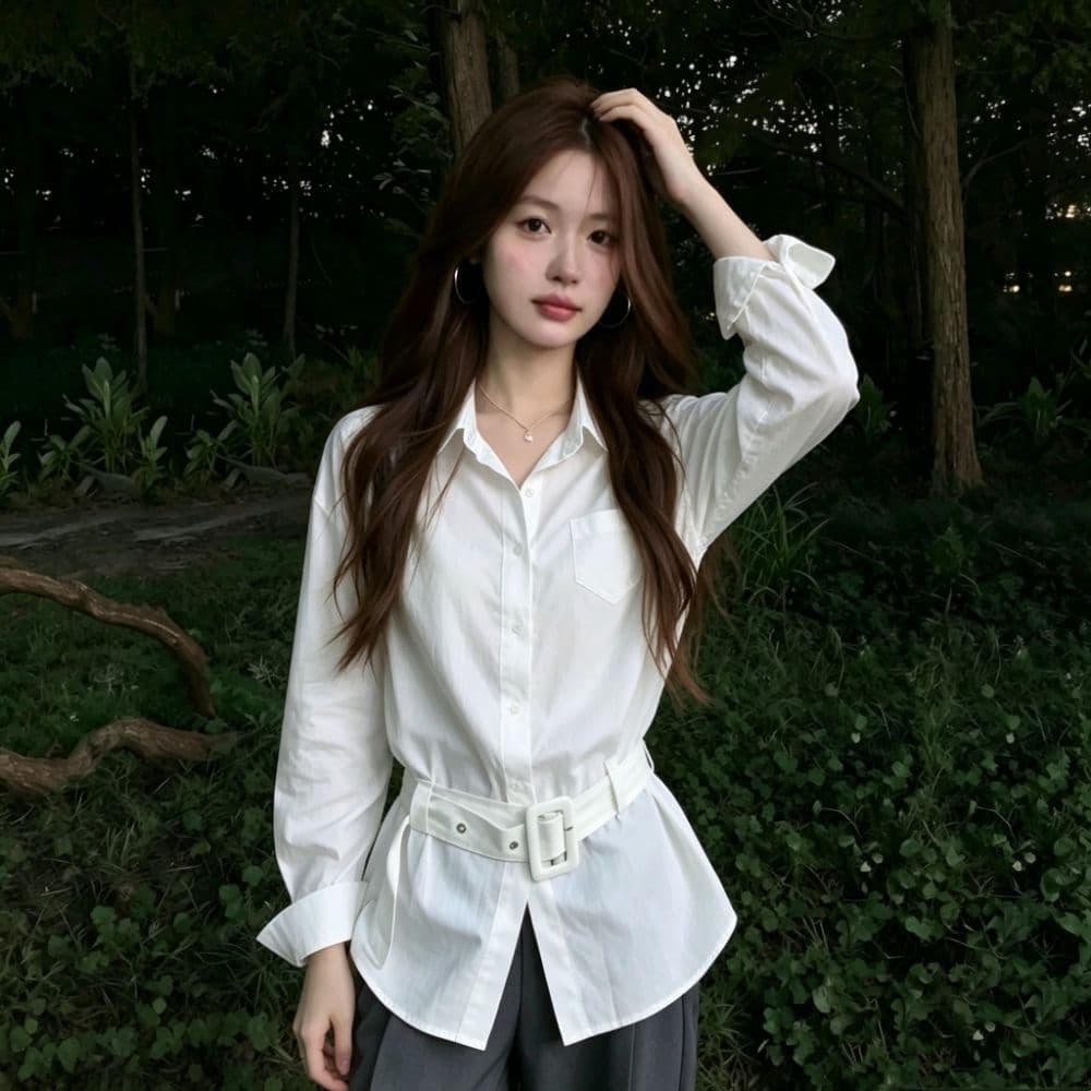 화이트 긴팔 여성 셔츠 이른 가을 한 부서 벨트 허리 수축 슬림해 보이는 폴로 칼라 싱글 주머니 출퇴근 품격 셔츠 맨위 상세 이미지 1