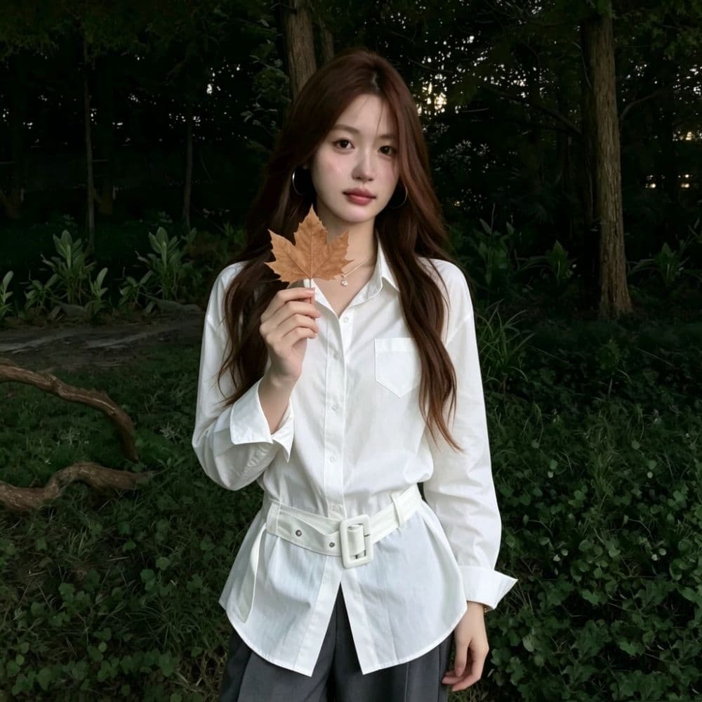 화이트 긴팔 여성 셔츠 이른 가을 한 부서 벨트 허리 수축 슬림해 보이는 폴로 칼라 싱글 주머니 출퇴근 품격 셔츠 맨위 상세 이미지 3