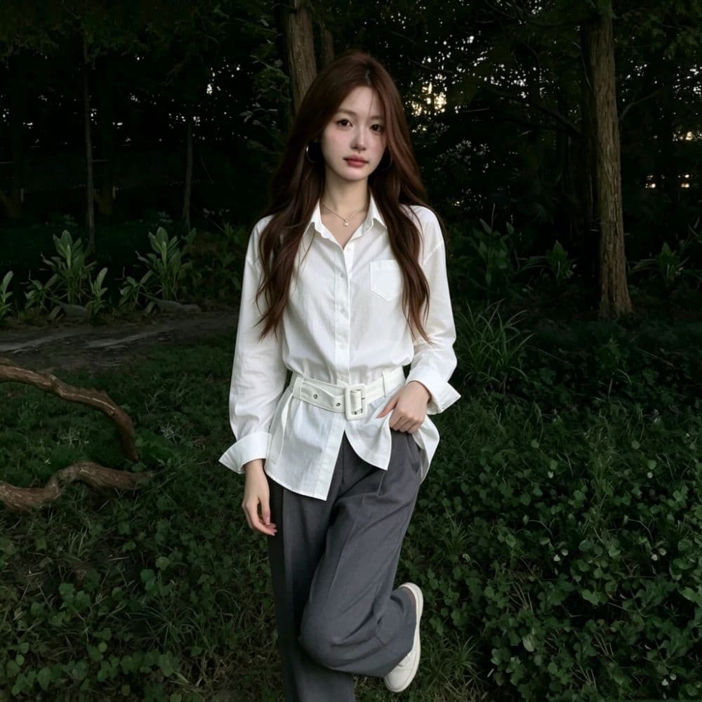 화이트 긴팔 여성 셔츠 이른 가을 한 부서 벨트 허리 수축 슬림해 보이는 폴로 칼라 싱글 주머니 출퇴근 품격 셔츠 맨위 상세 이미지 4