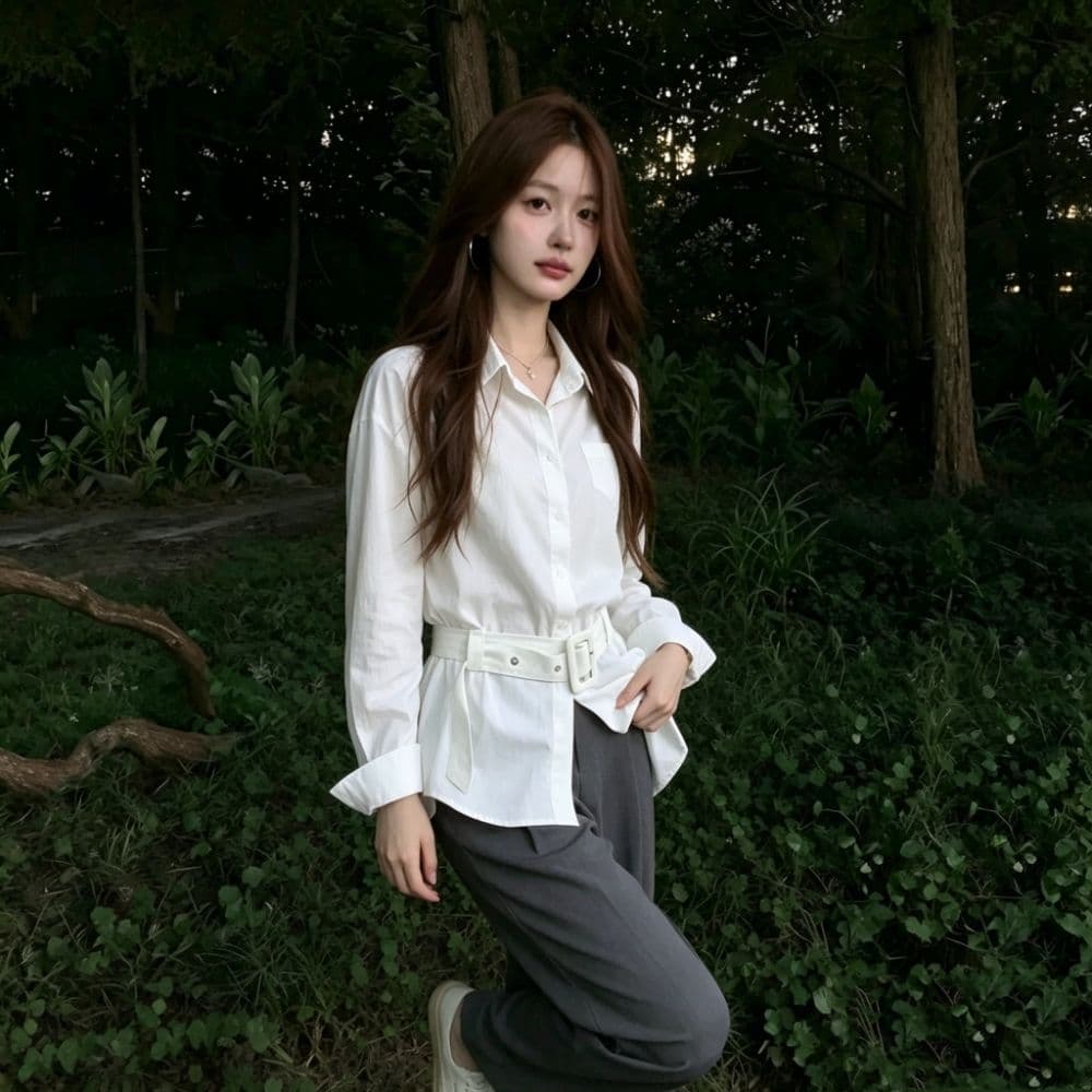 화이트 긴팔 여성 셔츠 이른 가을 한 부서 벨트 허리 수축 슬림해 보이는 폴로 칼라 싱글 주머니 출퇴근 품격 셔츠 맨위 상세 이미지 5