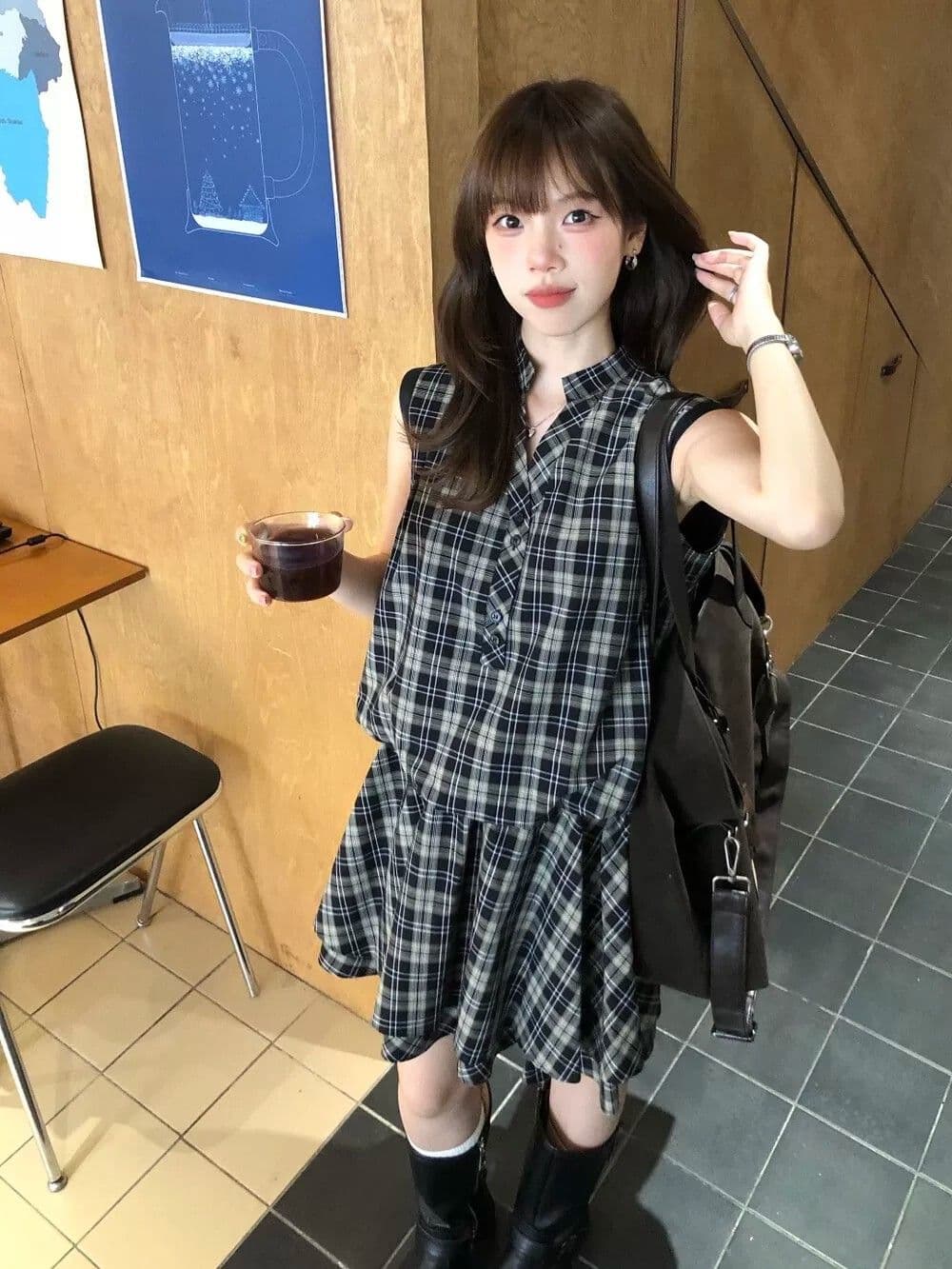 원본 원단 것 레트로 체크무늬 여성 드레스 여름 작은 키 고유 한 아름다운 루즈핏 품격 미니 스커트 상세 이미지 1