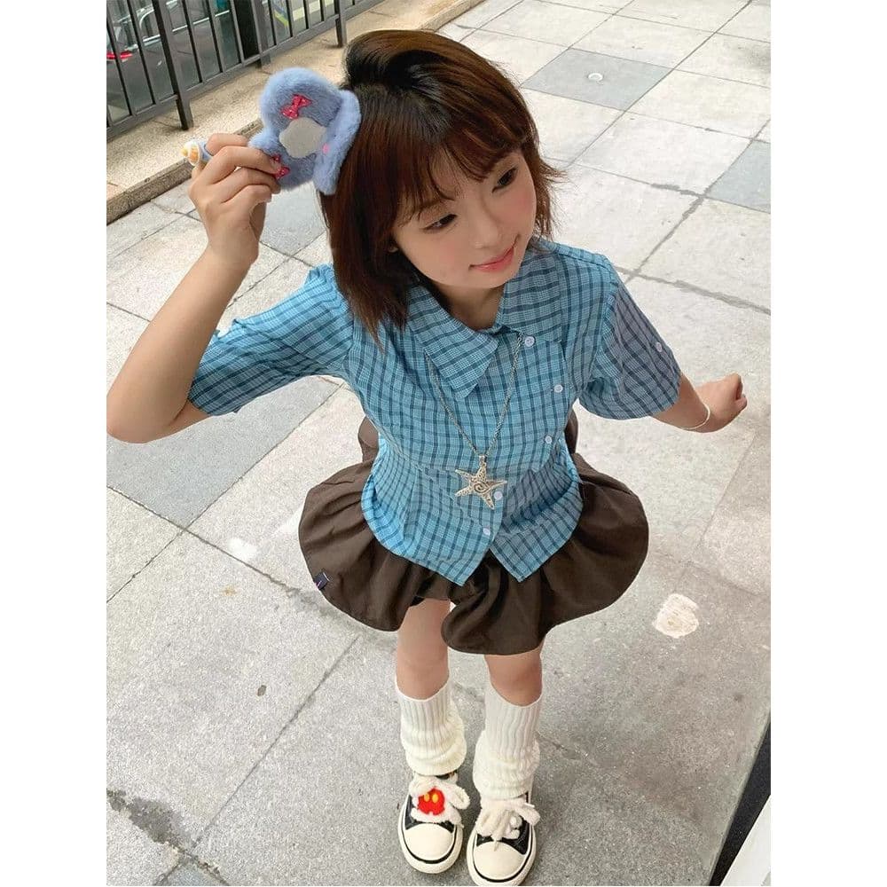 아메리칸 높음 거리 불규칙 파란색 체크무늬 반팔 여성 셔츠 몸매 가꾸기 디자인 센스 작은 대중 슬림해 보이는 이미지 4