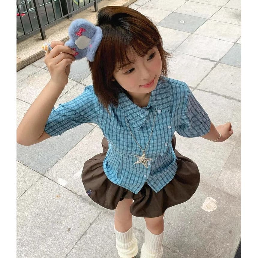 아메리칸 높음 거리 불규칙 파란색 체크무늬 반팔 여성 셔츠 몸매 가꾸기 디자인 센스 작은 대중 슬림해 보이는 이미지 5