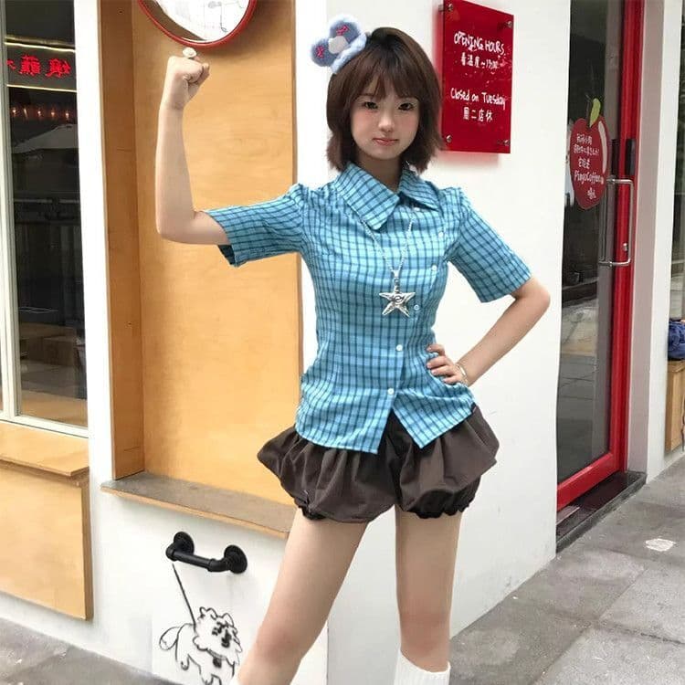 아메리칸 높음 거리 불규칙 파란색 체크무늬 반팔 여성 셔츠 몸매 가꾸기 디자인 센스 작은 대중 슬림해 보이는 상세 이미지 4