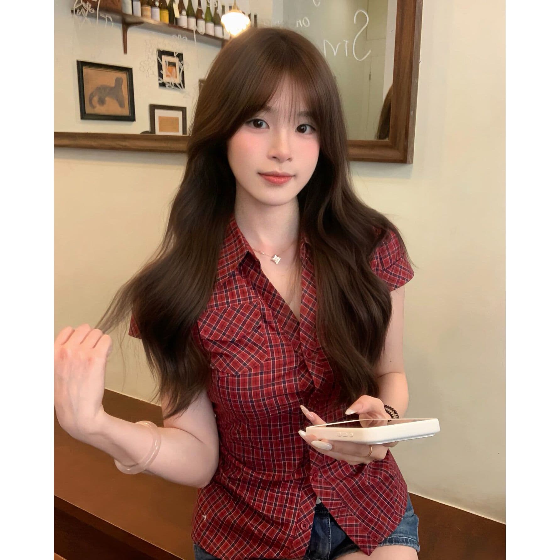 한 부서 레트로 빨간색 체크무늬 긍정적 인 어깨 반팔 여성 셔츠 꼬집기 허리 몸매 가꾸기 슬림해 보이는 다용도 맨위 상세 이미지 3