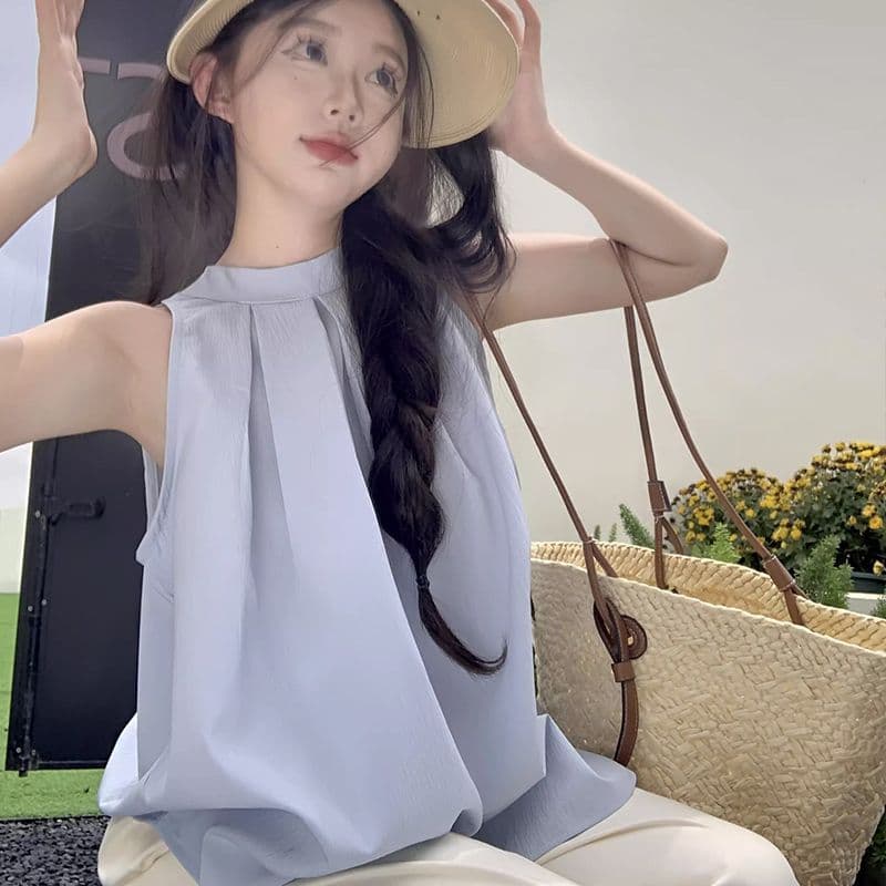 경관 그림 정가 한 부서 민소매 행침 목 셔츠 여성 의류 여름 새로운 디자인 센스 Chic 주름 파란색 맨위 트렌디 상세 이미지 3