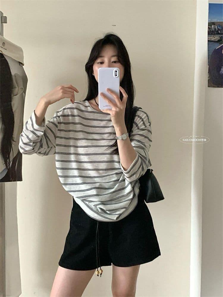 원본 원단 한 부서 Chic 비틀림 스트라이프 이후 백리스 디자인 센스 주간 실크 자외선 차단 긴팔 티셔츠 여성 여름 맨위 이미지 3
