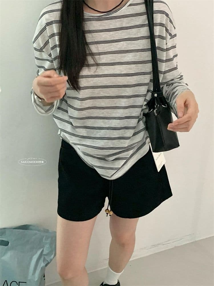 원본 원단 한 부서 Chic 비틀림 스트라이프 이후 백리스 디자인 센스 주간 실크 자외선 차단 긴팔 티셔츠 여성 여름 맨위 상세 이미지 4