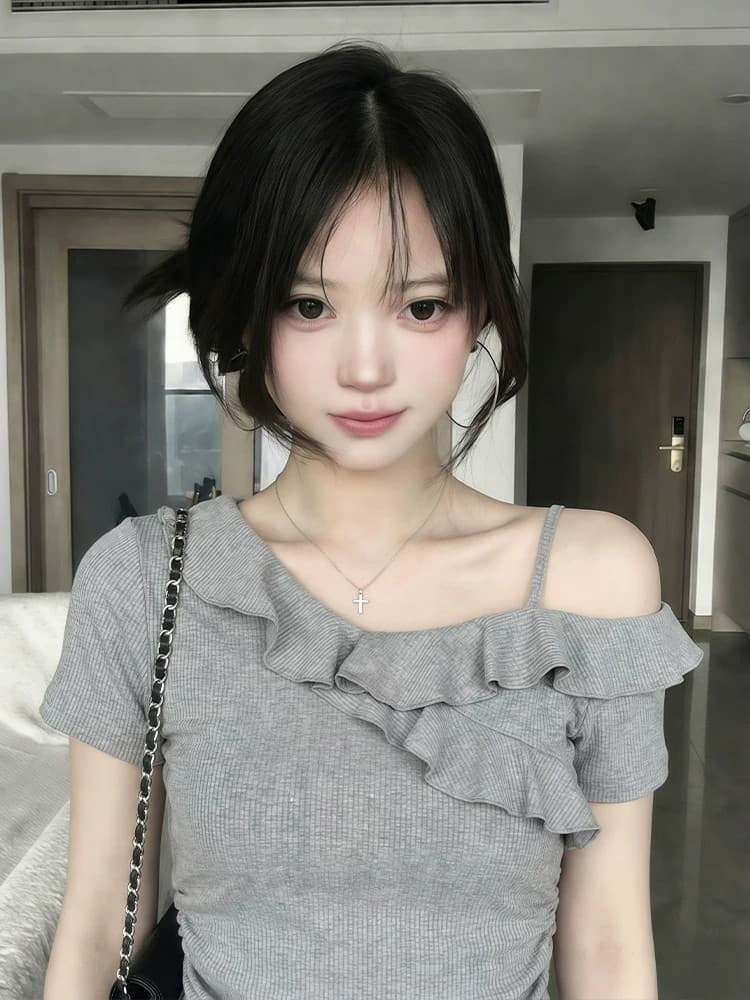 260 그램 사람들 면 회색 고급 센스 프릴 비스듬한 어깨 반팔 티셔츠 여성 여름 핫걸 오프숄더 아름다운 맨위 상세 이미지 4