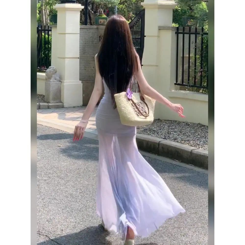 프랑스식 보라색 망사 슬립 여성 드레스 여름 품격 허리 수축 아름다운 길다 치마 해변가 휴가 인어 꼬리 스커트 이미지 3