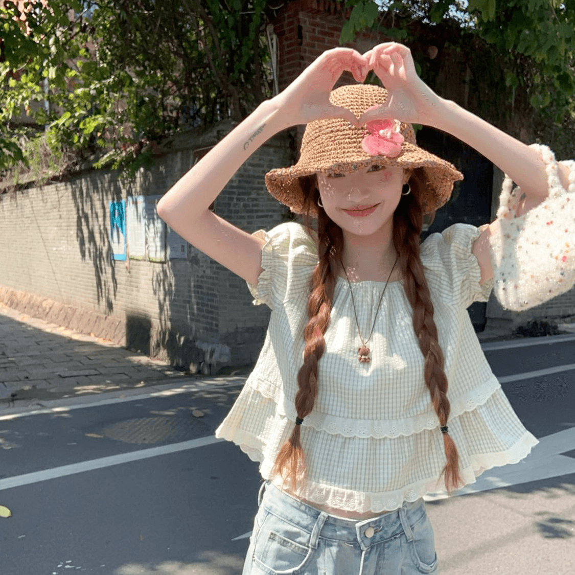 빅 사이즈 지방 mm 도파민 박하 녹색 체크무늬 거품 소매 여성 셔츠 여름 작은 셔츠 디자인 센스 인형 셔츠 맨위 상세 이미지 2