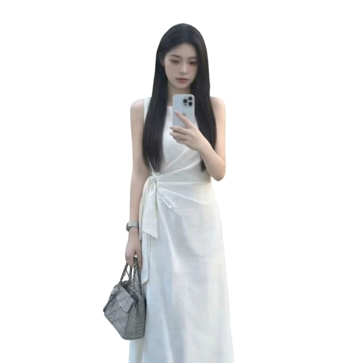 2026 새로운 프랑스식 품격 화이트 민소매 슬립 드레스 아이들 여름 첫사랑 하얀 달빛 허리 수축 롱 스커트 이미지 2