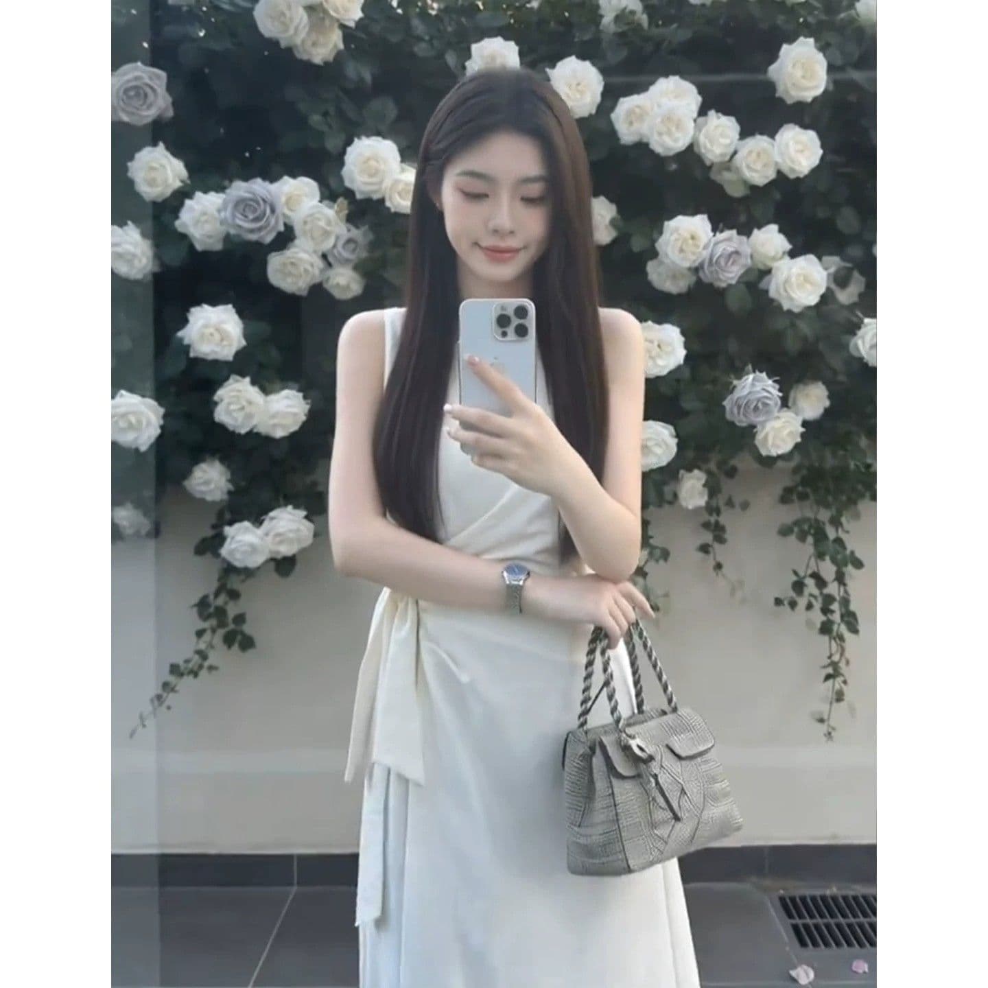 2026 새로운 프랑스식 품격 화이트 민소매 슬립 드레스 아이들 여름 첫사랑 하얀 달빛 허리 수축 롱 스커트 상세 이미지 2