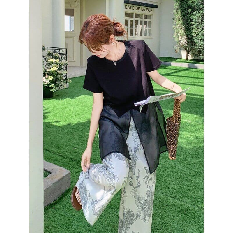 차가운 실크 차가운 면 리브 측면 트임 반팔 티셔츠 여성 2026 여름 새로운 슬림해 보이는 중간 길이 맨위 상세 이미지 2