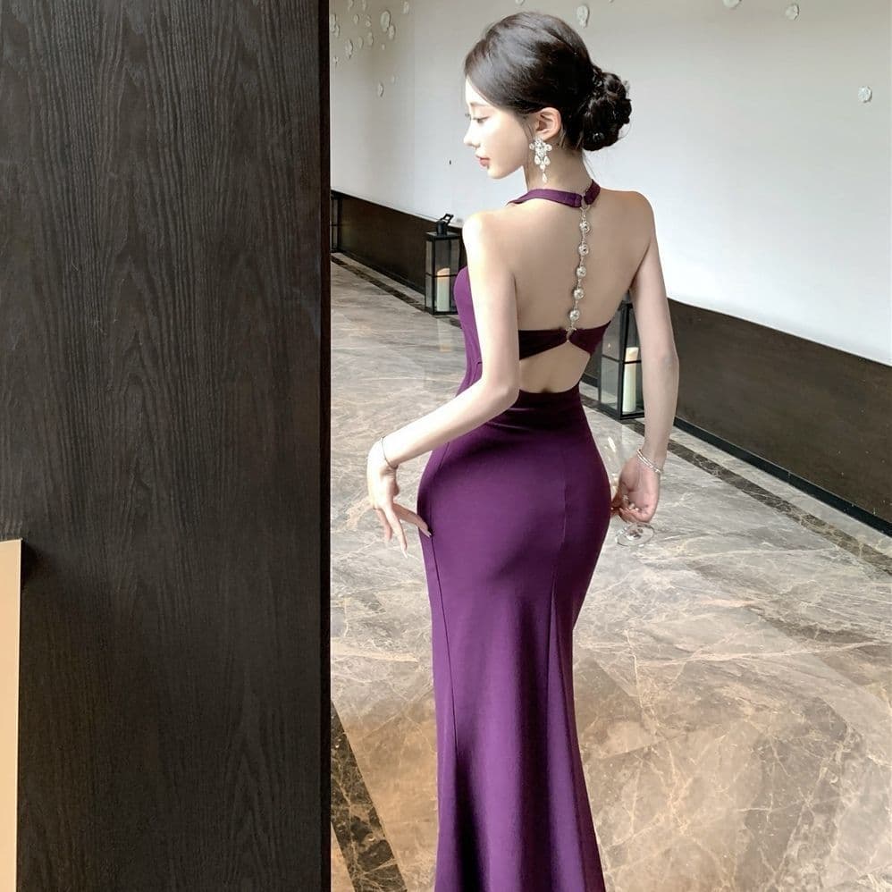 디자인 센스 백리스 행침 목 여성 드레스 여름 로얄 자매 바람 몸매 가꾸기 예복 롱 스커트 검정색 품격 타이트 스커트 치마 이미지 5