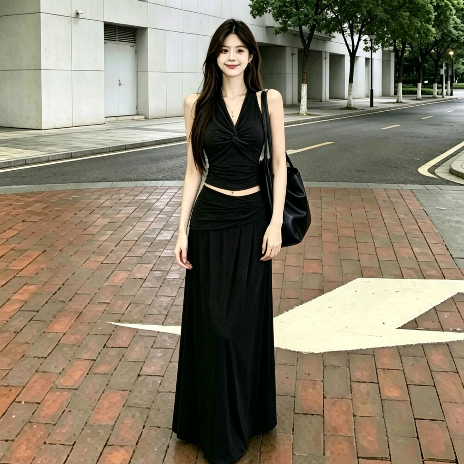 한 부서 순수한 욕망 핫걸 행침 목 V넥 비틀림 조끼 여성 슬림해 보이는 표지 넓적 다리 도루 센스 롱 코트 반신 스커트 투피스 세트 이미지 2