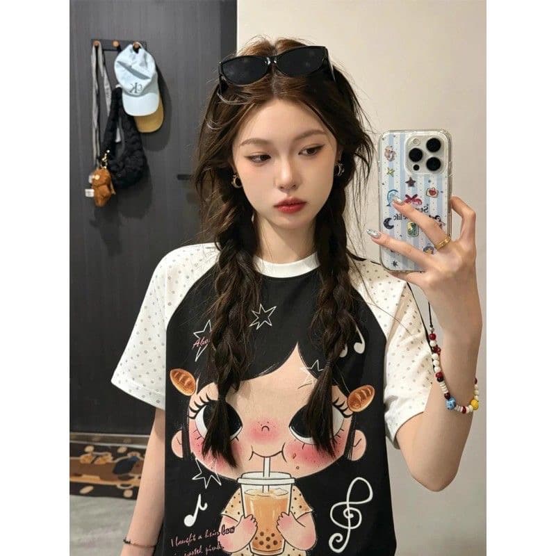 한 부서 레트로 만화 별 도트 무늬 반팔 티셔츠 여성 여름 캐주얼 루즈핏 하우스 멩 디자인 센스 삽입 어깨 의류 상세 이미지 1